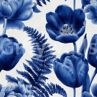 Indigo Botanical Tulip Fern Sketch Wallpaper⁠