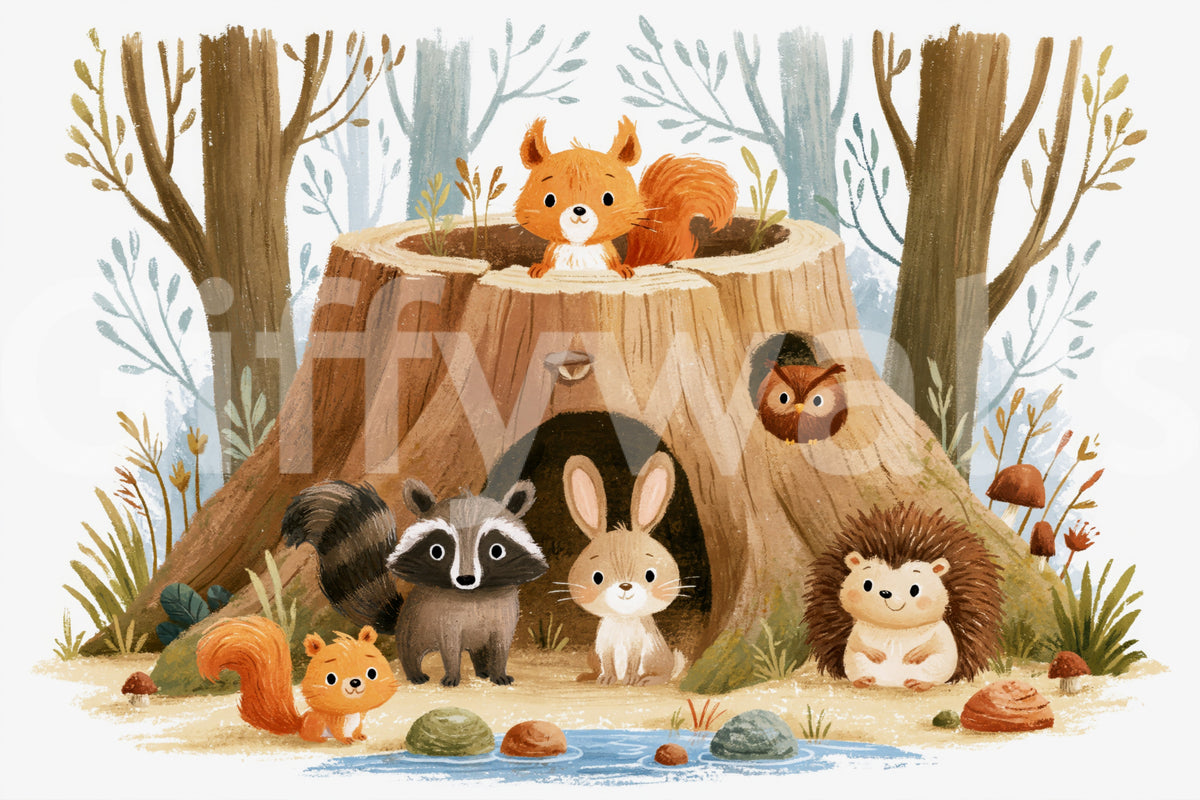 Forest Friends Tree Stump Scene Wall Mural