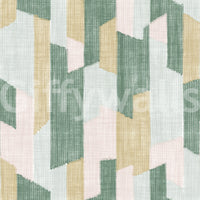 Geometric wallpaper swatch with sage, mint, mustard and pink linen textured blocks GD14169