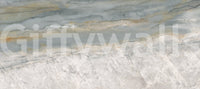 Close-up of marble wallpaper swatch showing blue gray veins and gold edges GD14204