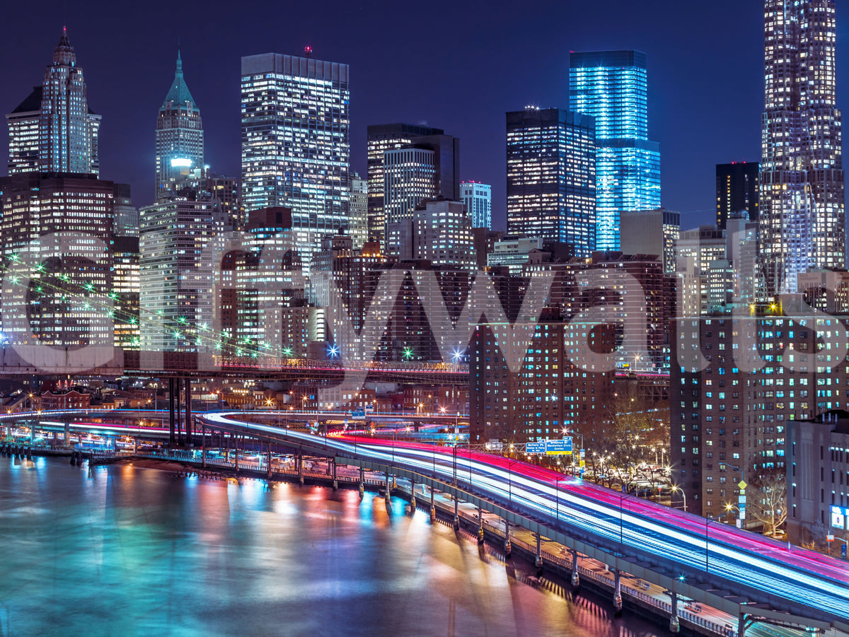 Close-up of new york wallpaper swatch with neon towers and river reflections GD14205