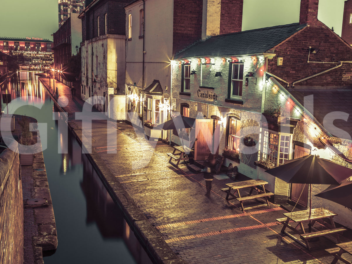 Close-up of city wallpaper swatch with pub lights, parasols and canal water GD14208