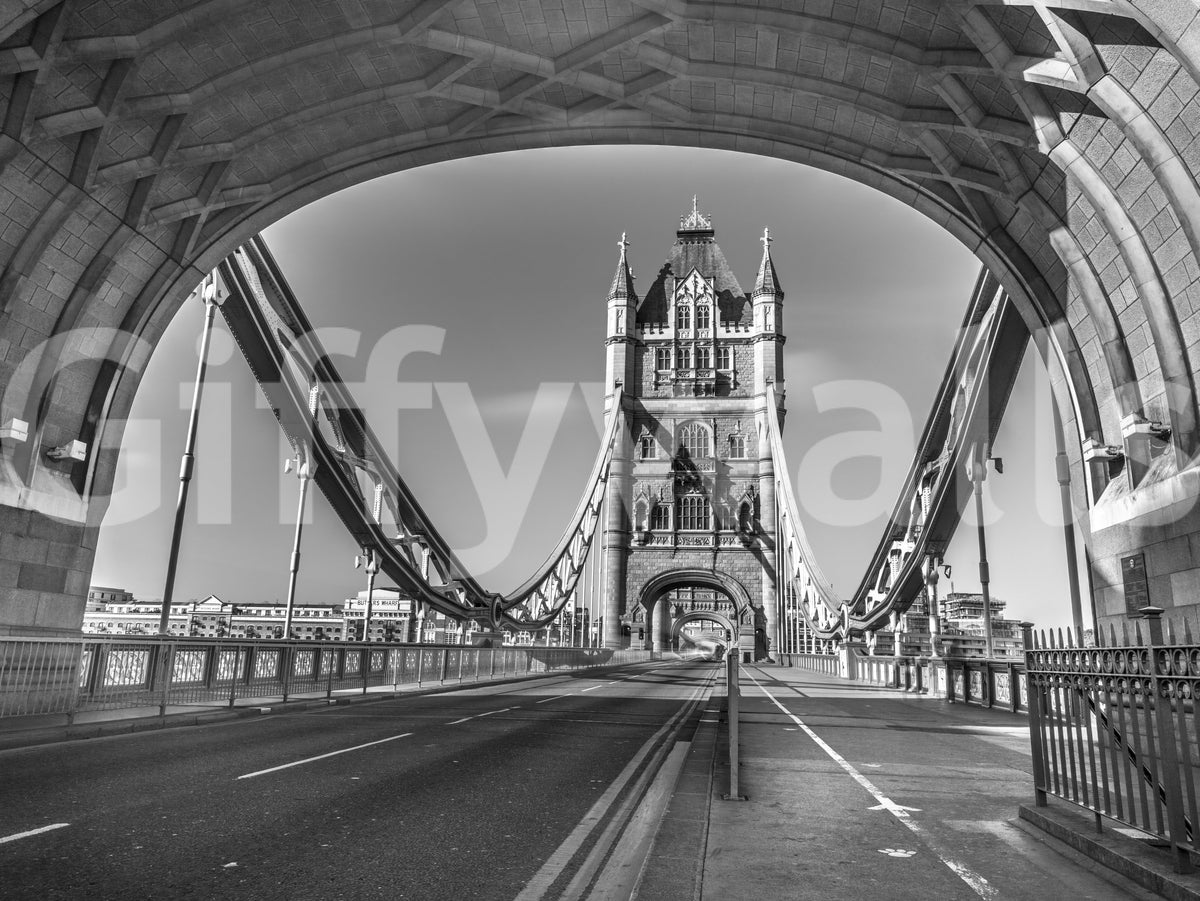 Close-up of london wallpaper swatch with Gothic tower, road lines and iron rails GD14209