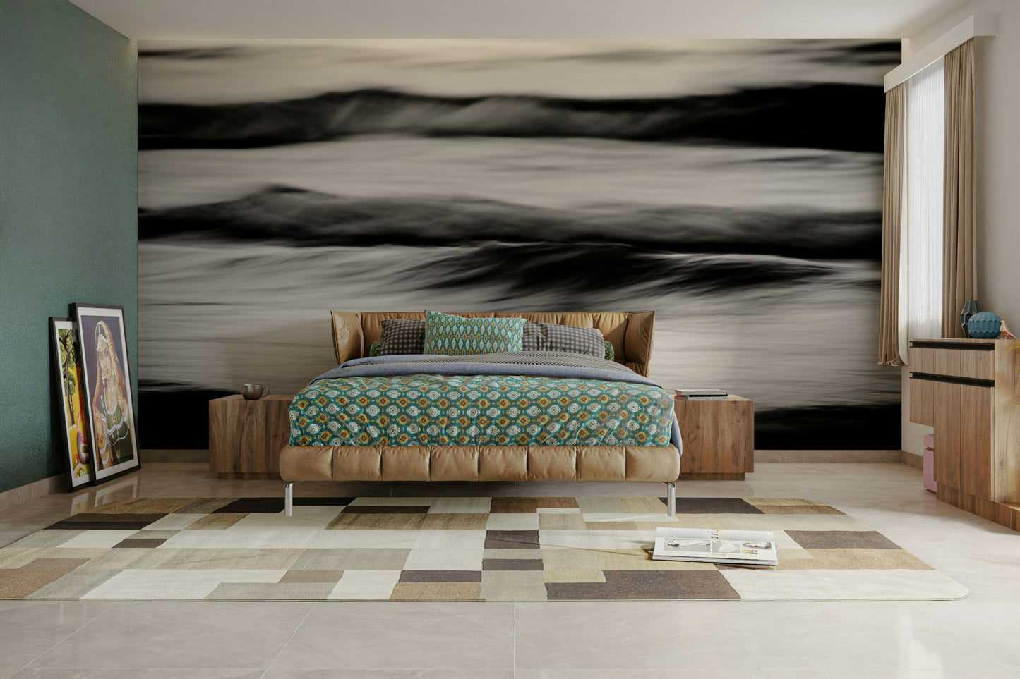 A peaceful open ocean mural on decorative wallpaper.


