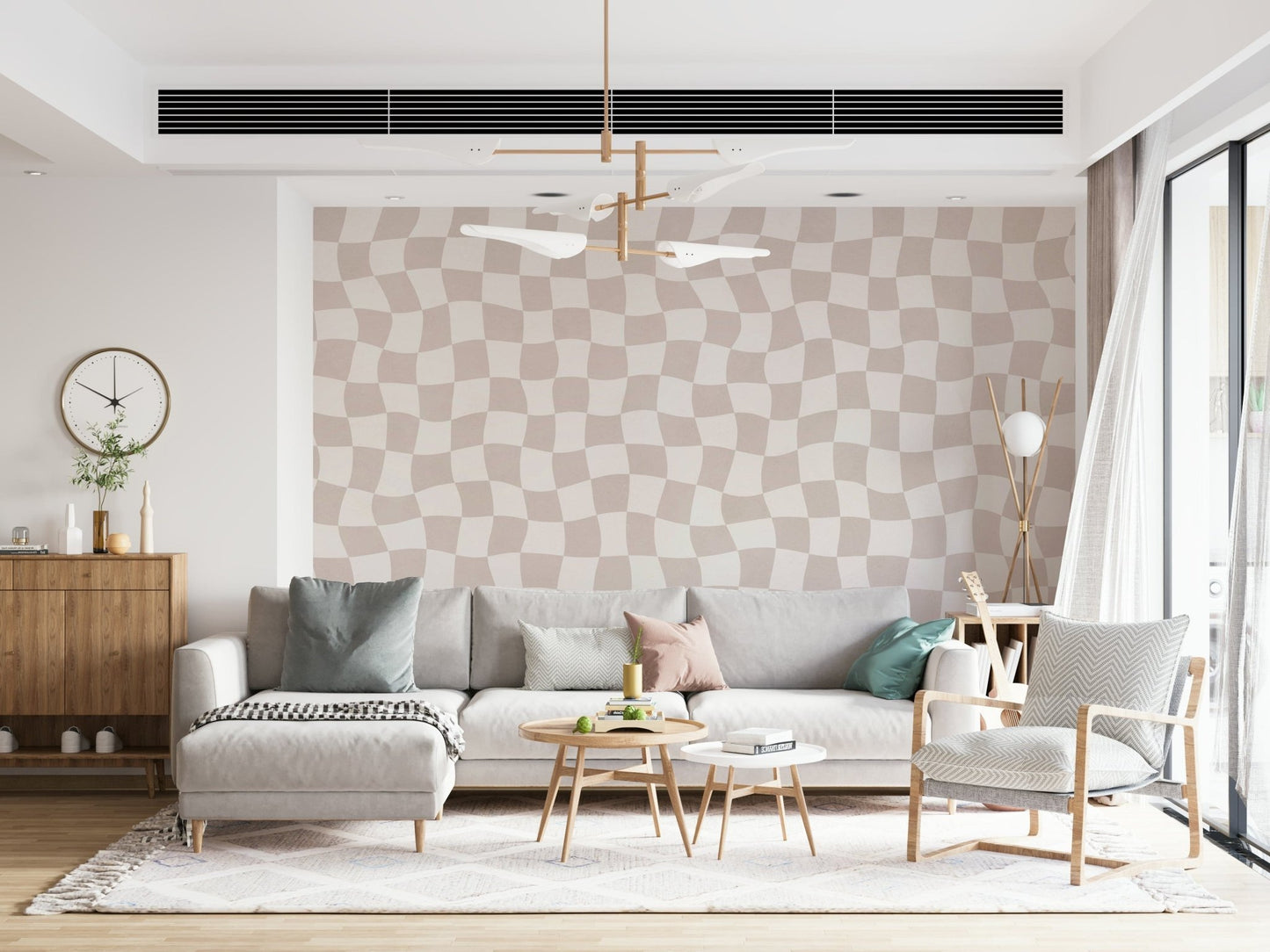 Undulating Wavy Checkered Dream wall paper light taupe cream print.