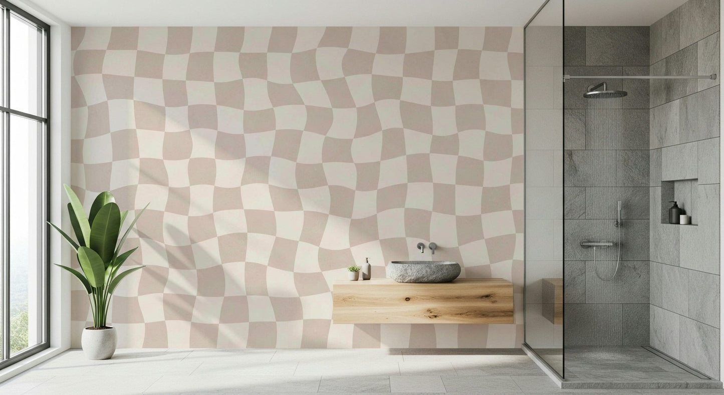 Soft Wavy Checkered Dream fluid squares neutral colors bedroom wall.