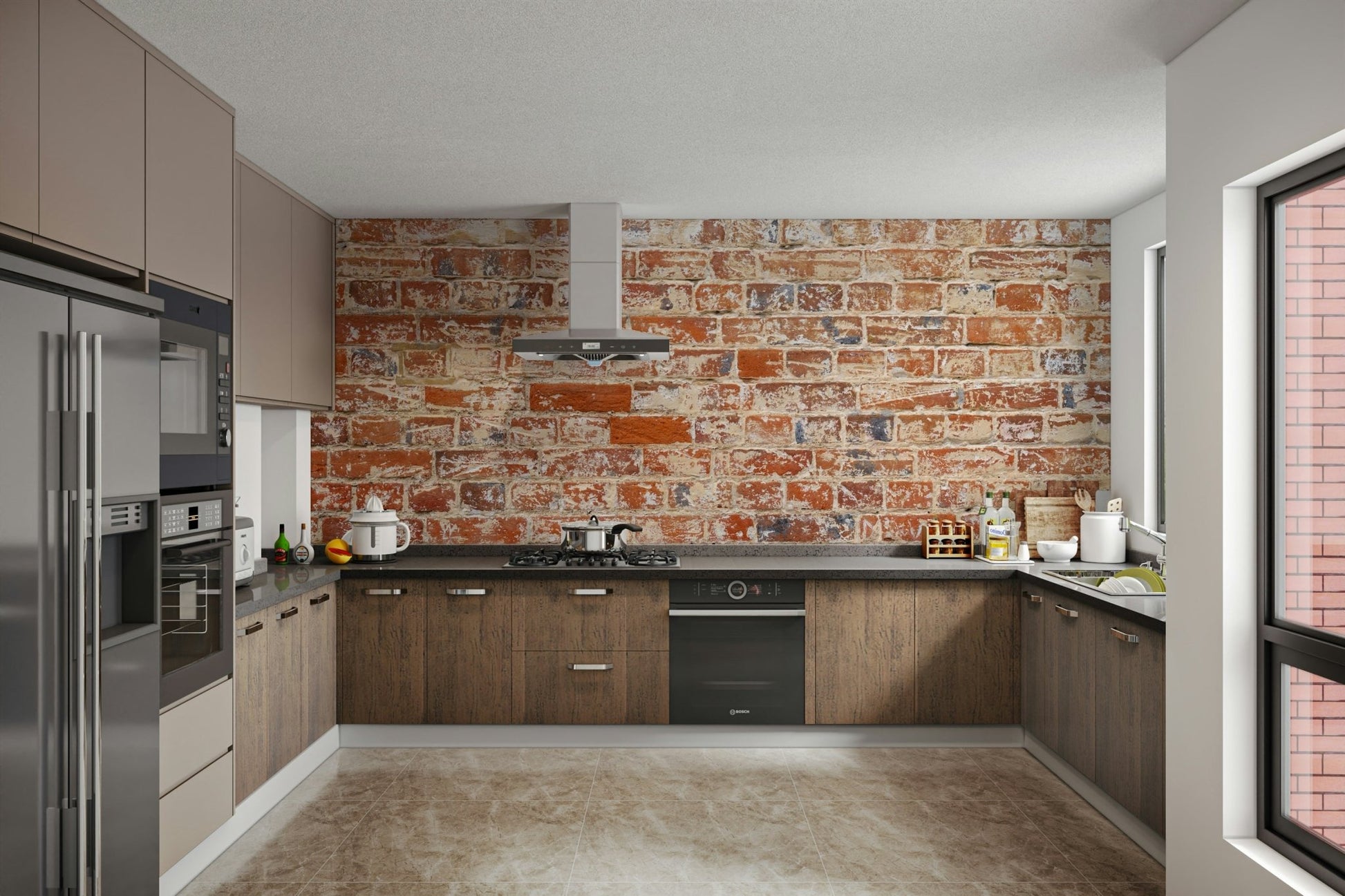 Wall mural featuring aged red and brown brick

