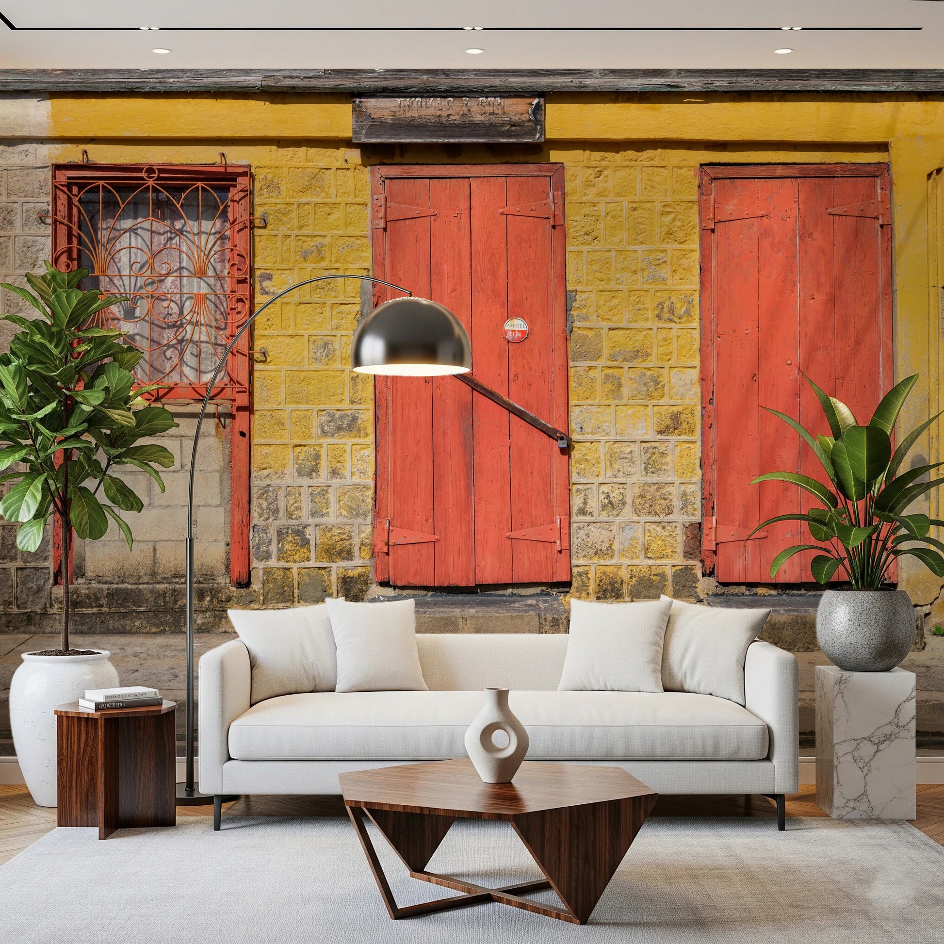 Architectural photography of a vibrant yellow wall mural with red doors