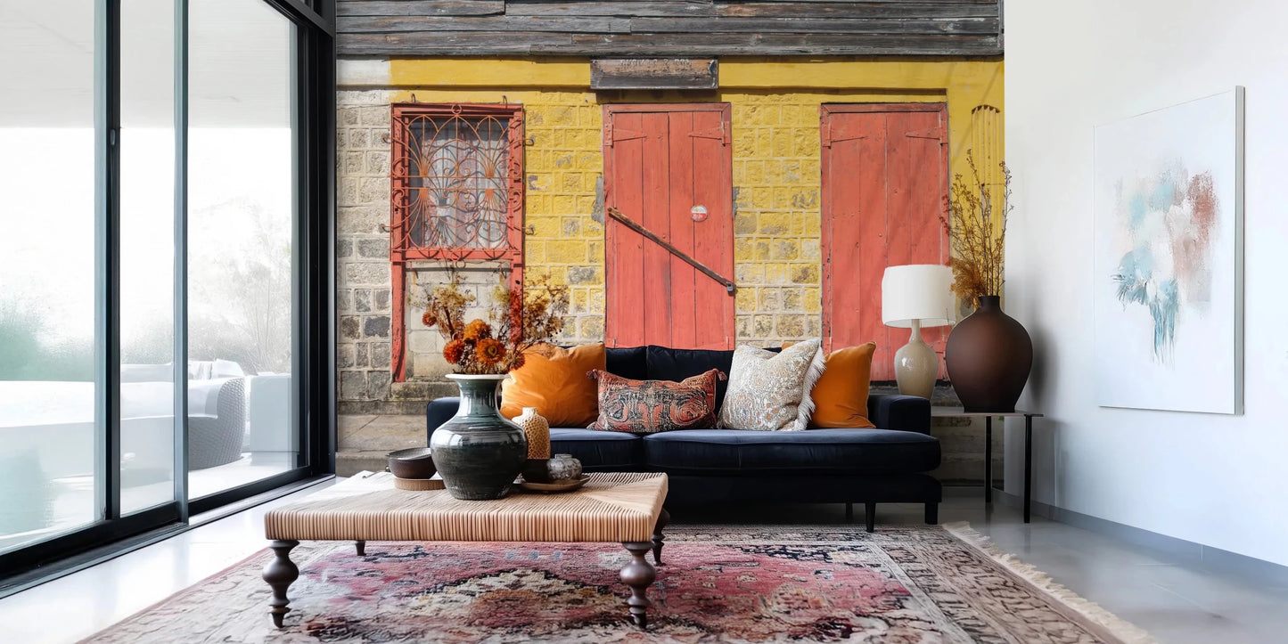 Exterior building view featuring a textured red door wall mural