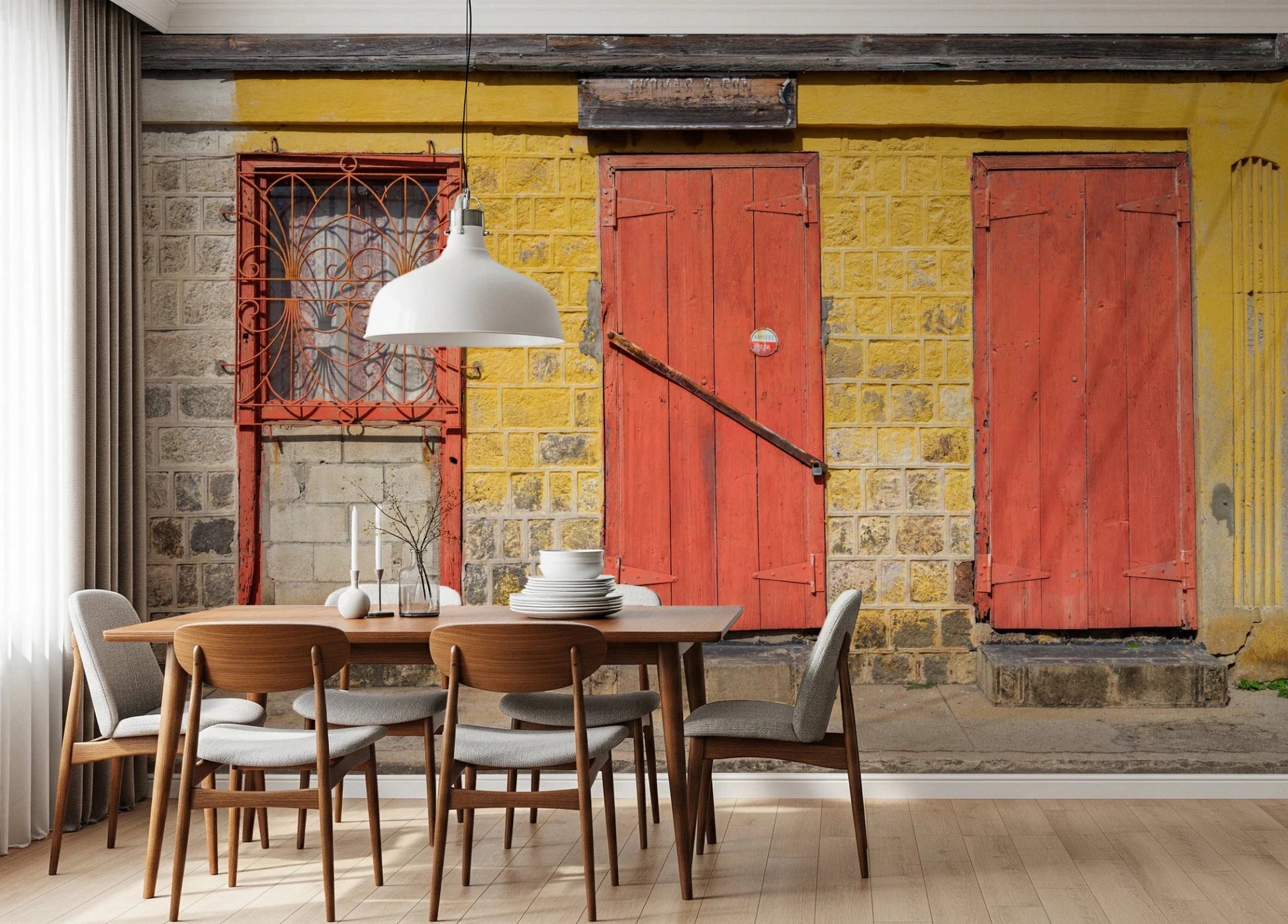Weathered brick facade and red doors captured in wall mural art