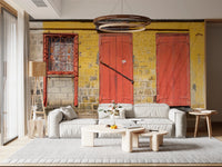 Distressed yellow and red exterior wall mural for unique home decor