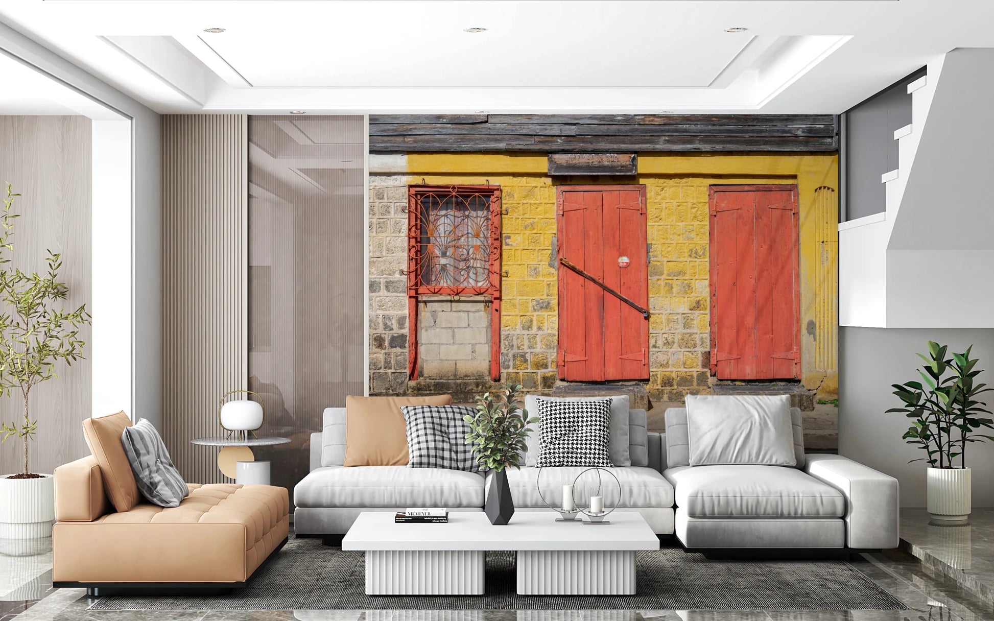 Red doors and aged yellow stone textures in a wall mural for a living room 