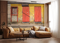 Vintage style for hallway wall mural with dual red doors and detailed ironwork