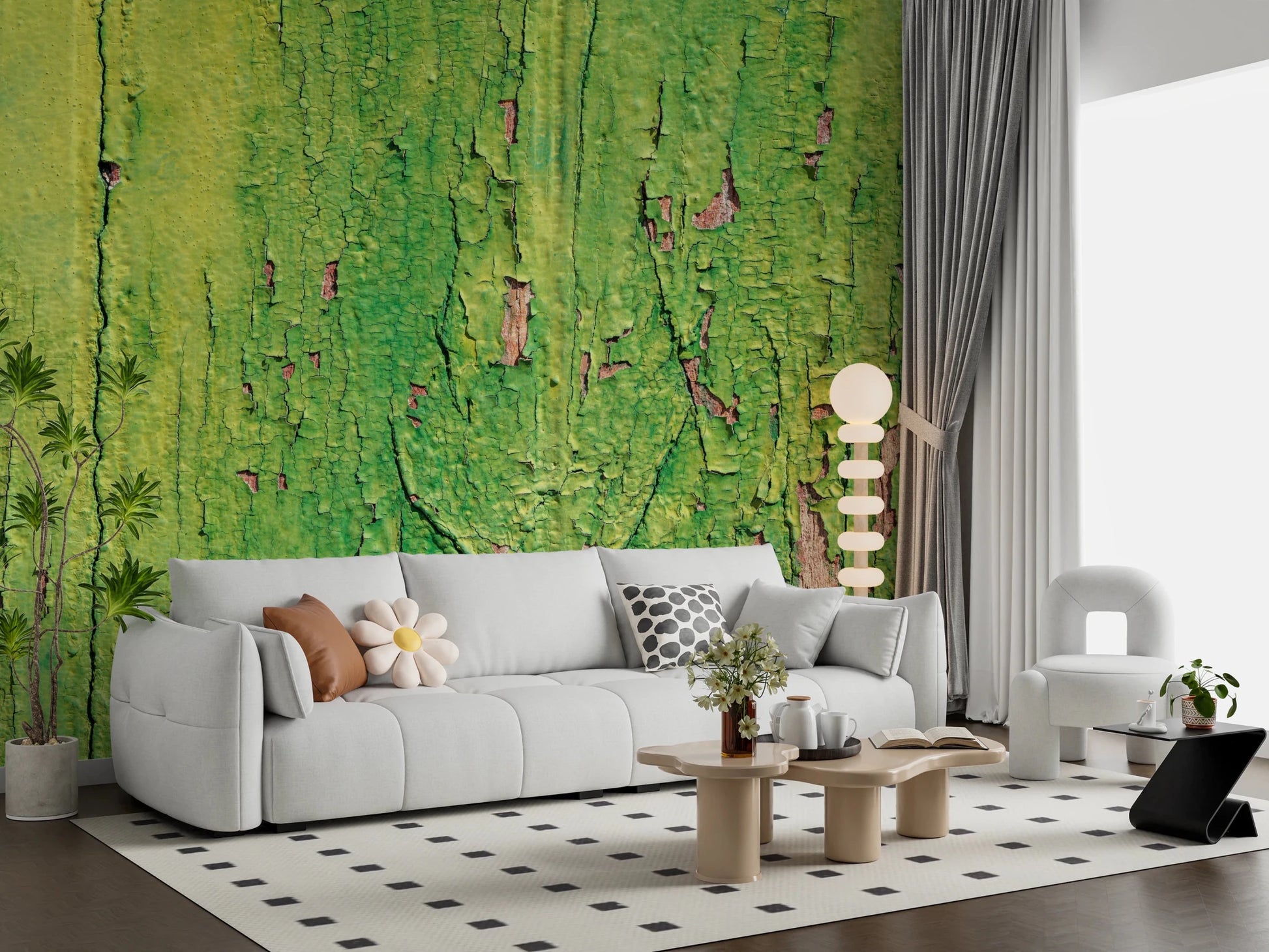 Aged teal wall mural with natural cracking and rustic charm.