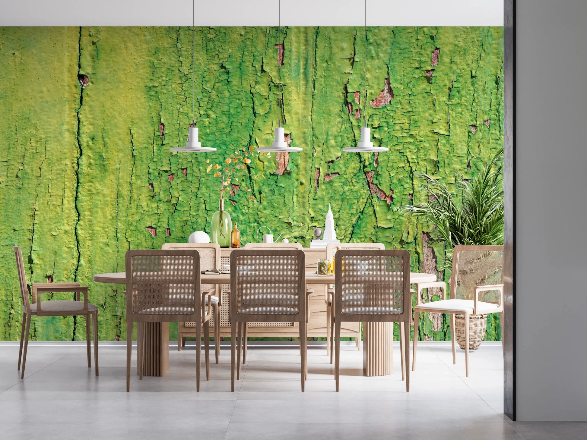Earthy green for dining area wall mural with a rustic weathered finish.