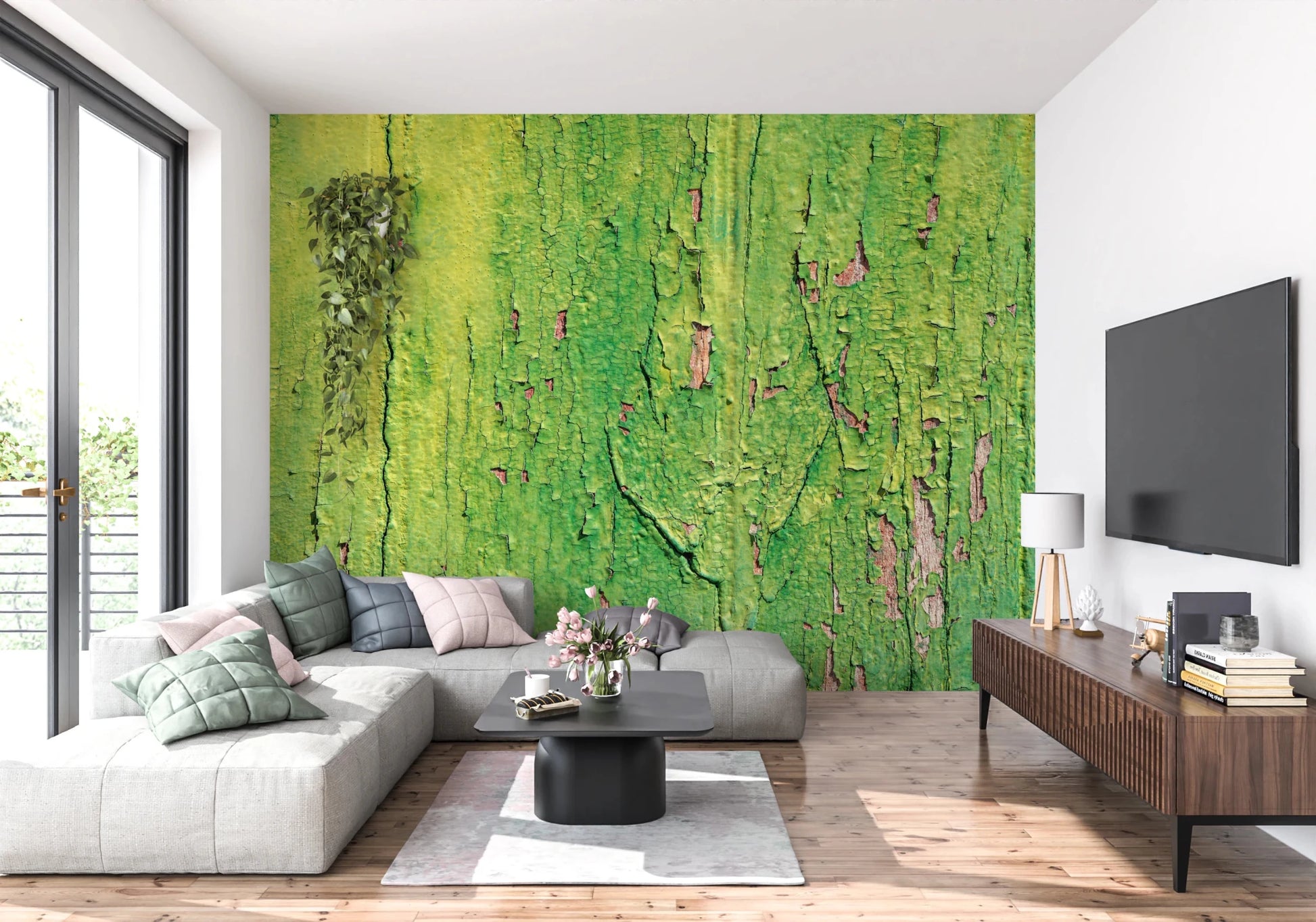 Textured sage green paint living room mural with organic cracking patterns.