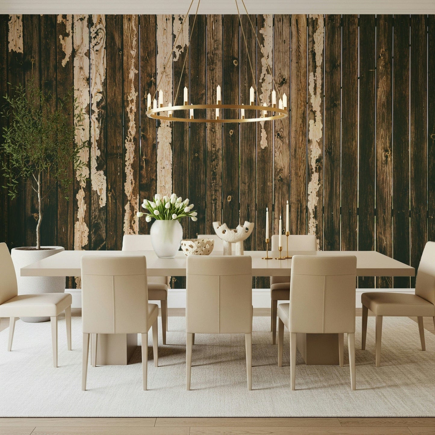 Textured wall mural with distressed wood panels adding vintage charm and warmth to living spaces.