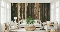 Decorative wall mural featuring layered weathered wood planks for cozy, rustic interior appeal.