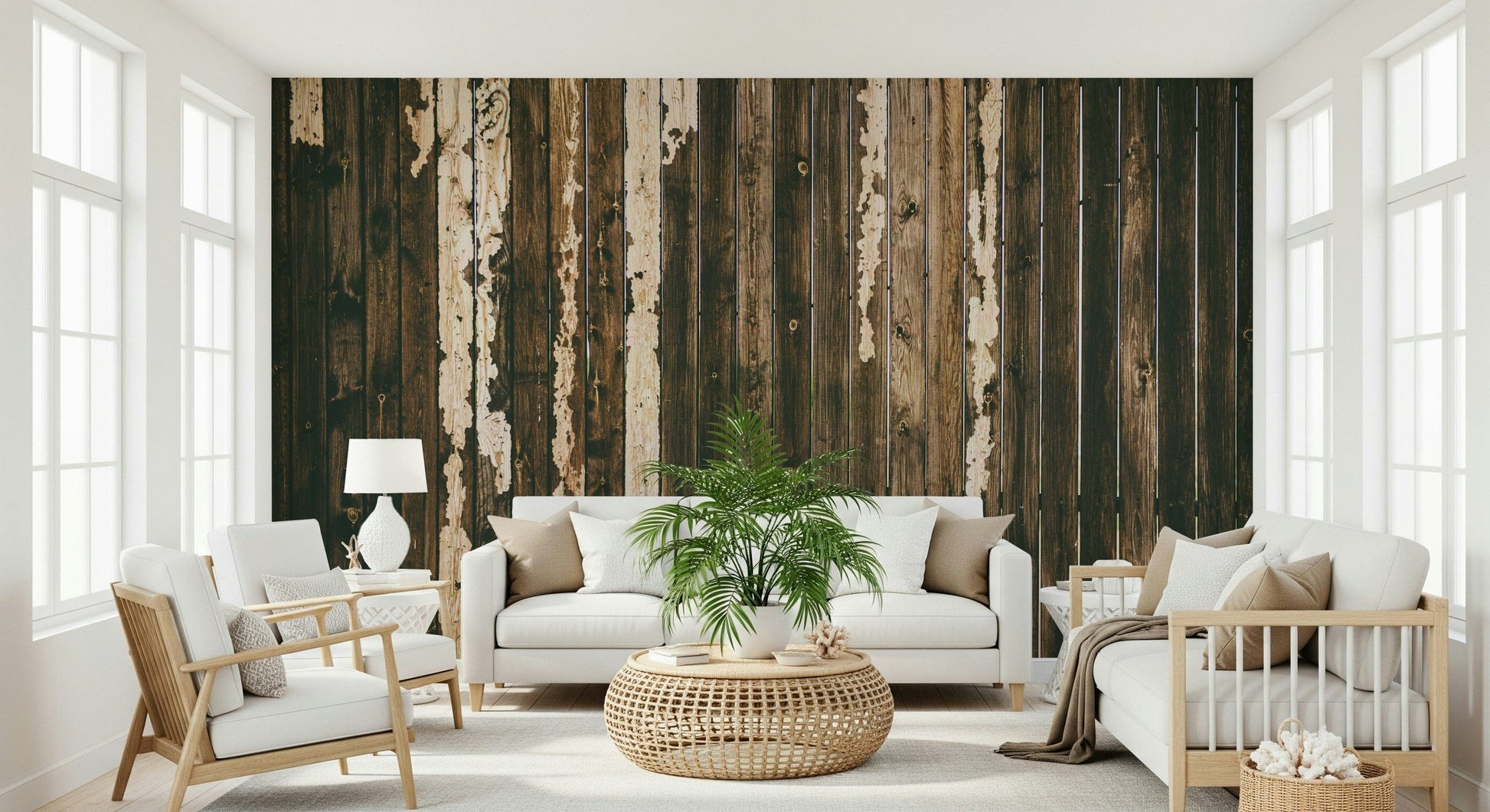 Decorative wall mural featuring layered weathered wood planks for cozy, rustic interior appeal.