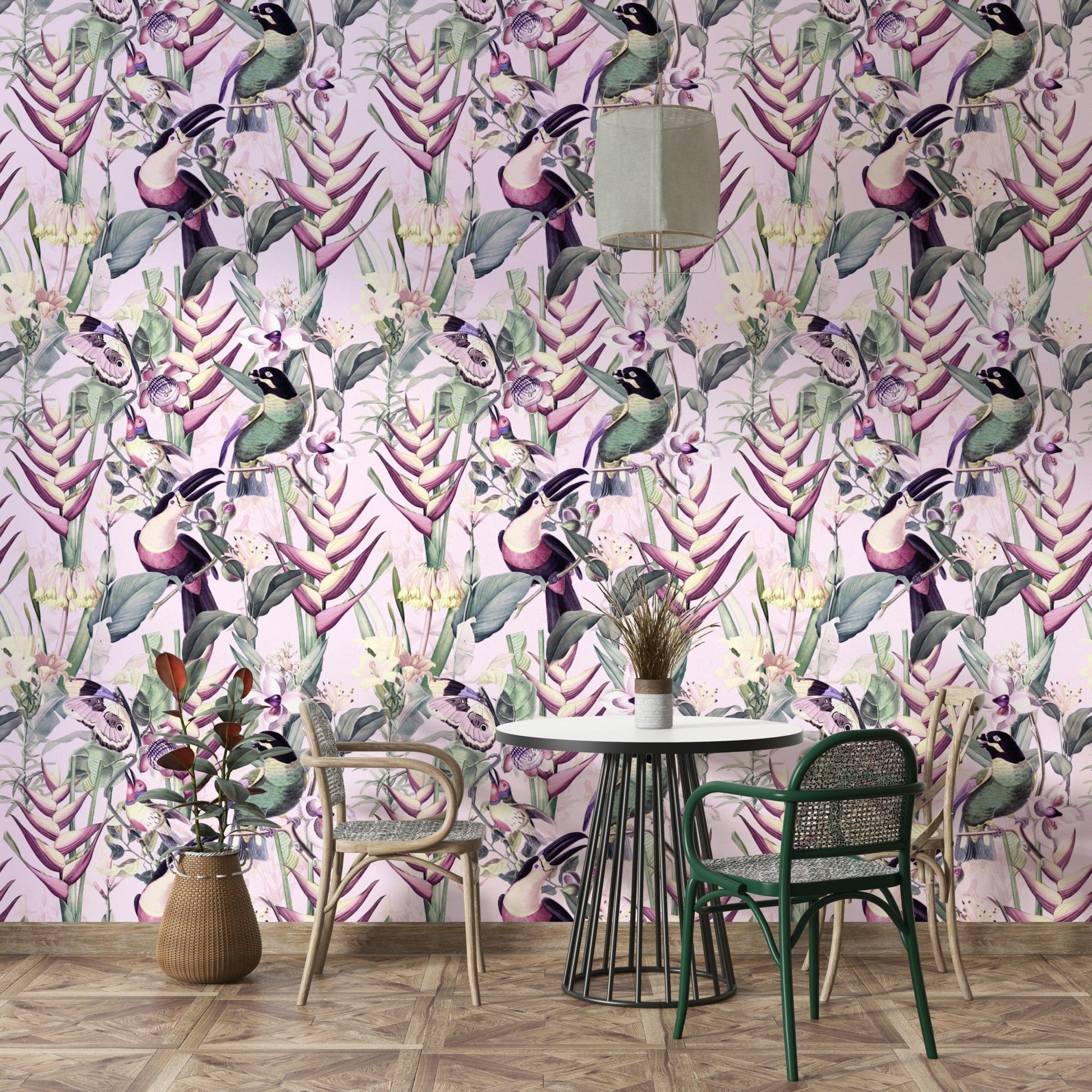 Jungle wallpaper featuring lush green leaves and animals

