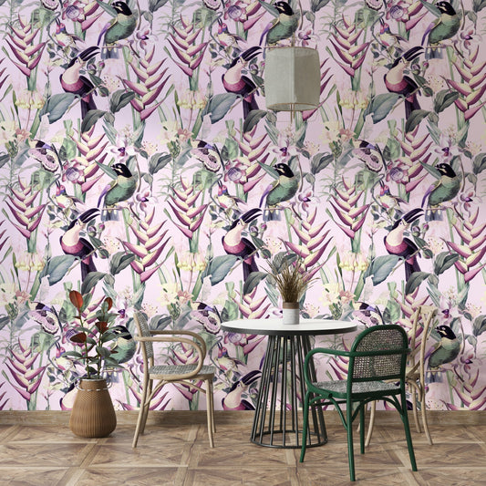 Jungle wallpaper featuring lush green leaves and animals

