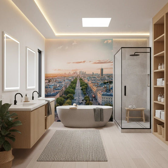 West Paris wallpaper mural of an aerial sunset avenue toward La Defense beside a freestanding tub in a bathroom