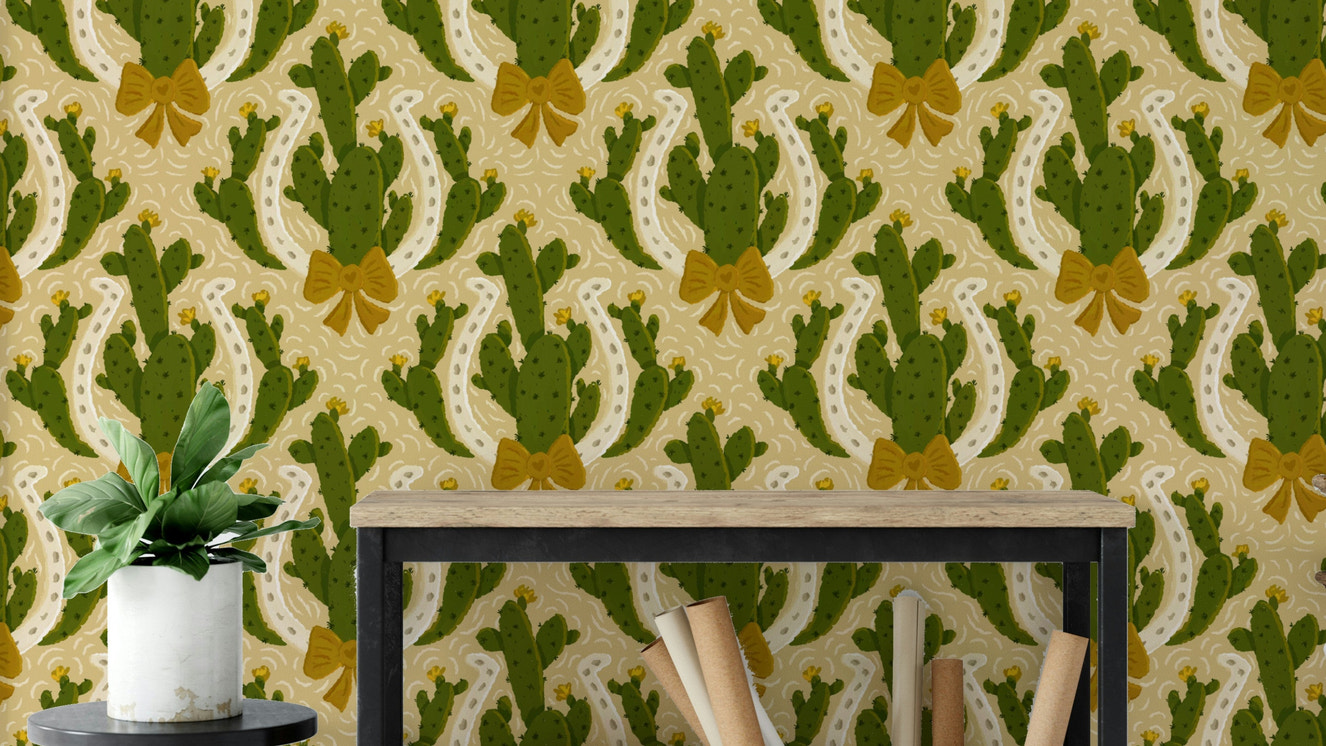 Western American wallpaper with cactus and horseshoes

