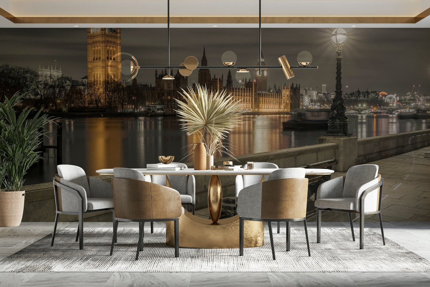 The mural shows a panoramic view of Big Ben and the Thames River.

