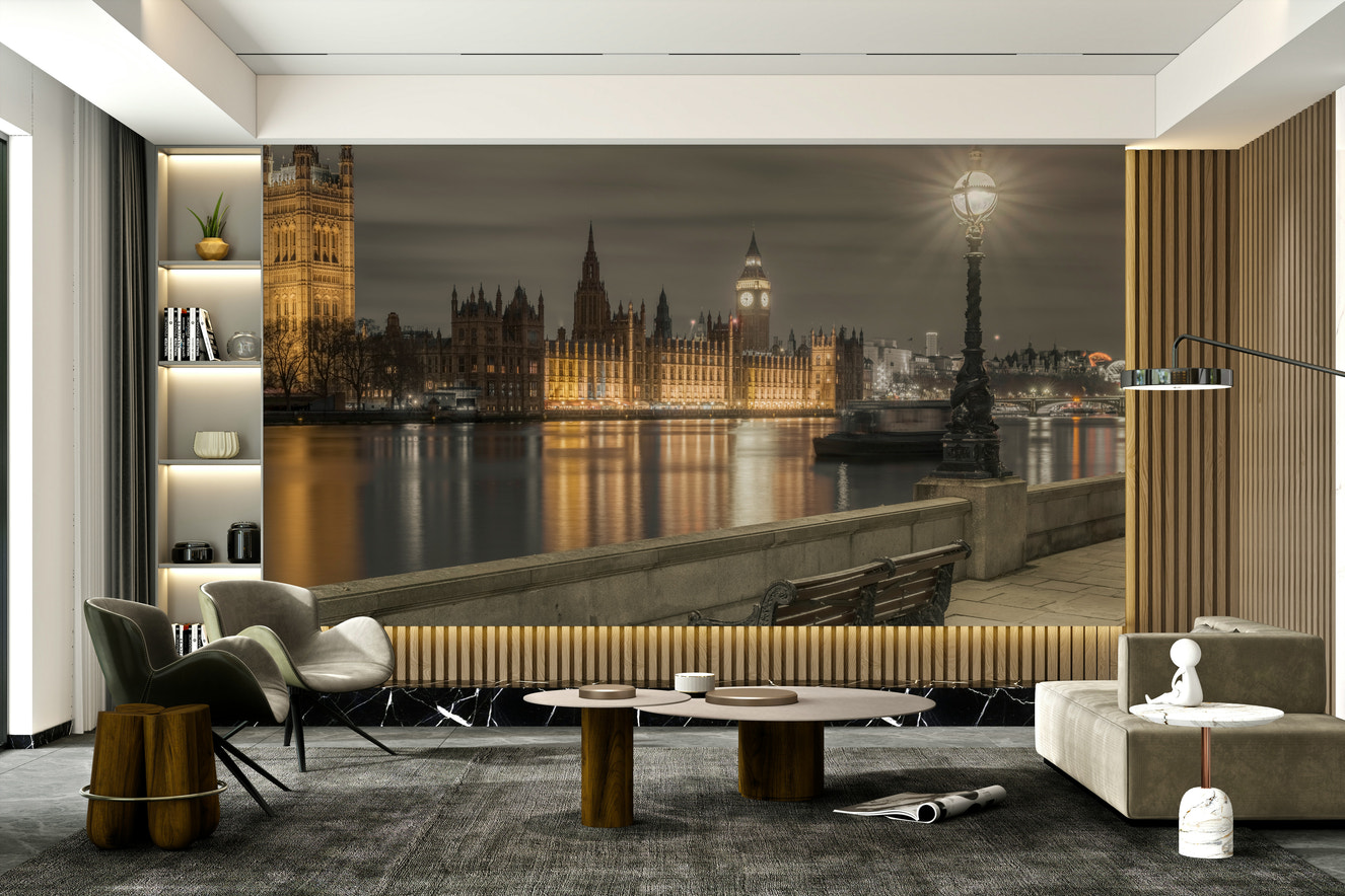 Wall mural of the Westminster skyline at night.

