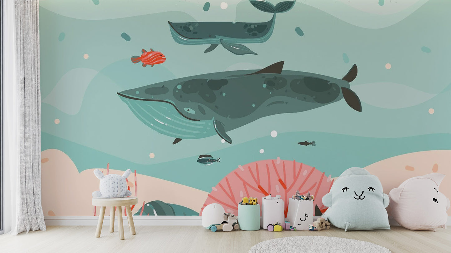 Bright ocean voyage wallpaper with diving whales.