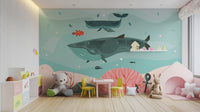 Whimsical marine life wallpaper for a kid's bedroom.