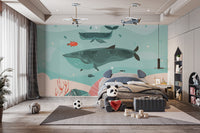 Whale Adventure Underwater Wallpaper Mural for Kids wallpaper mural shown as a full feature wall that highlights the design