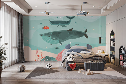 Whale Adventure Underwater Wallpaper Mural for Kids wallpaper mural shown as a full feature wall that highlights the design