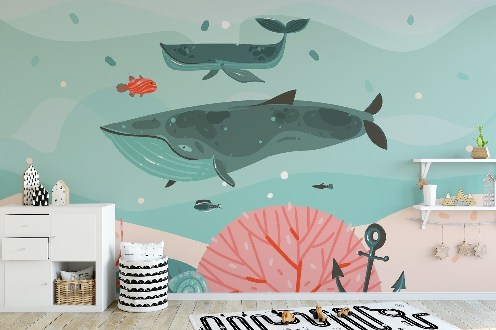 Playful blue whale adventure wallpaper for nurseries.