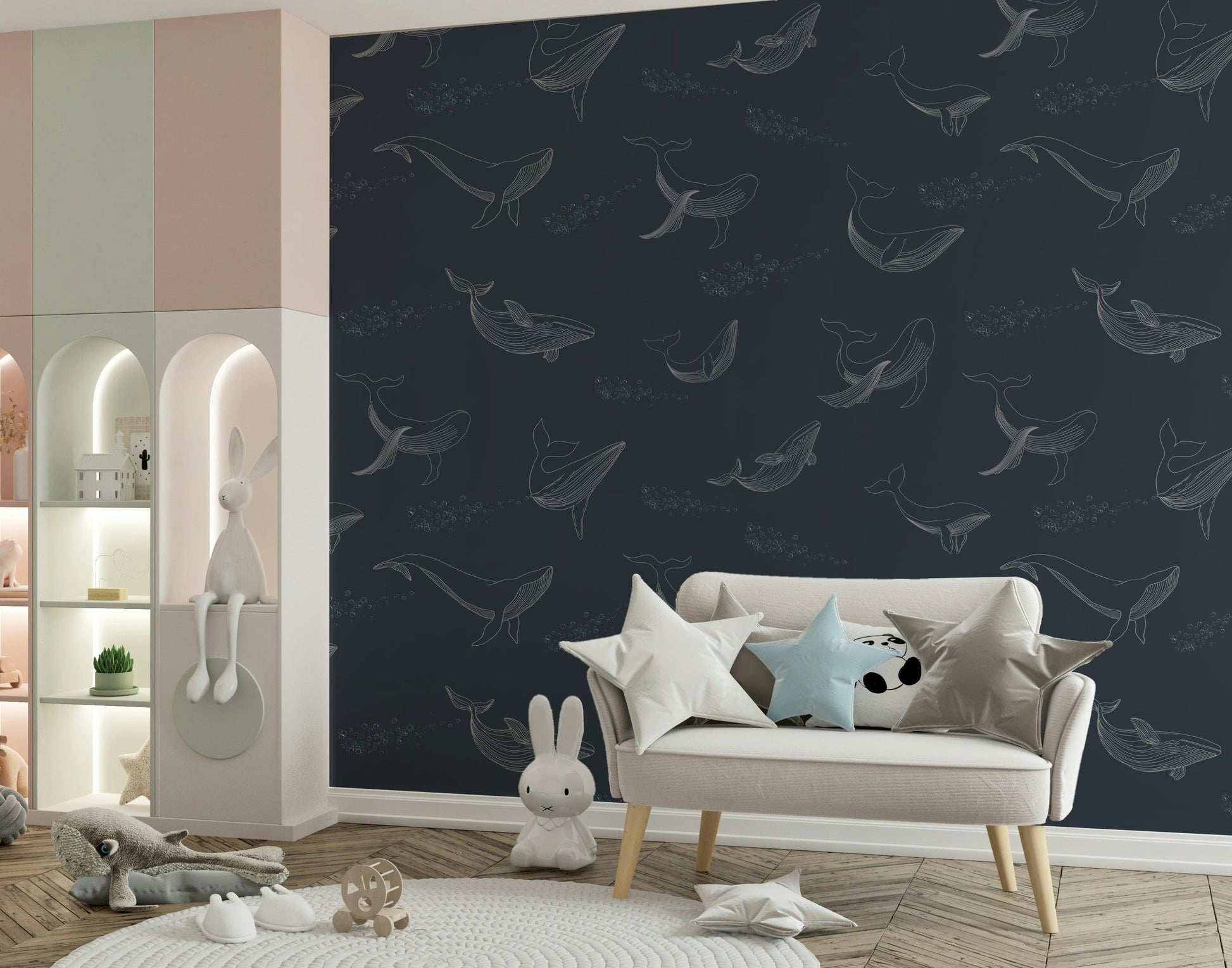 Hand-painted style whale mural in a bright sunroom with wood furniture.