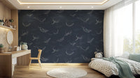 Large whale wall decor in a minimalist living room apartment setting.