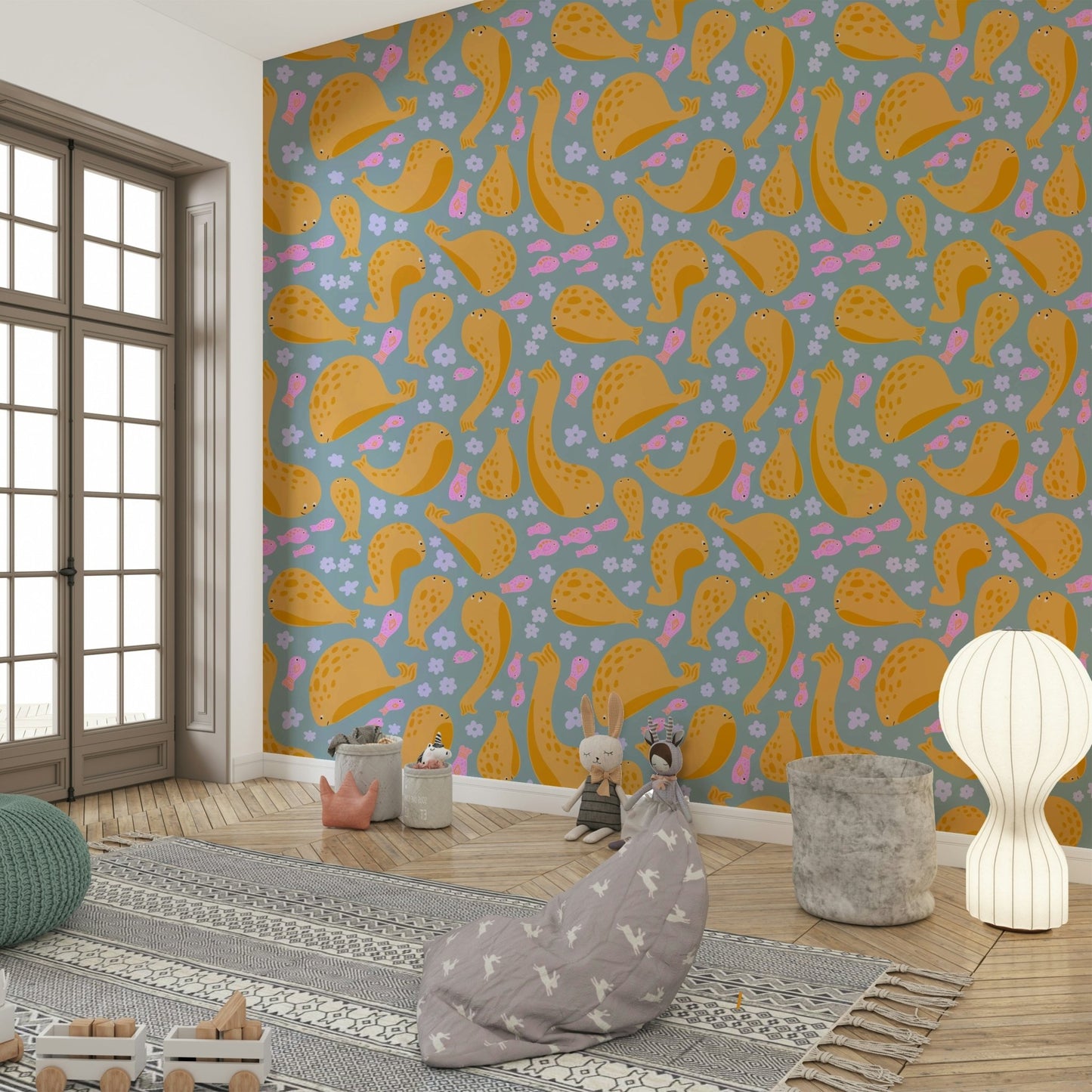 A wallpaper design with a whimsical ocean scene.


