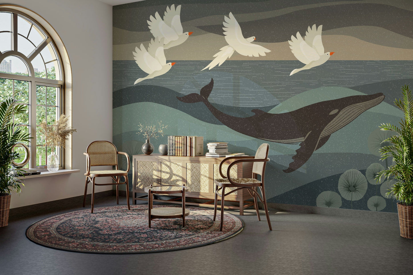 The colors are soft and gentle, with deep blues and glowing highlights.

