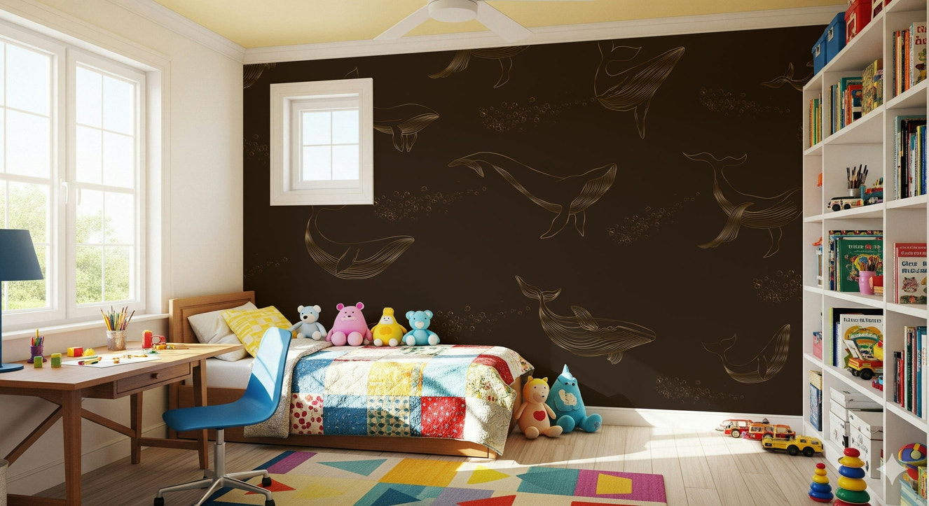 Whale Song Wall Mural in a modern apartment bedroom.