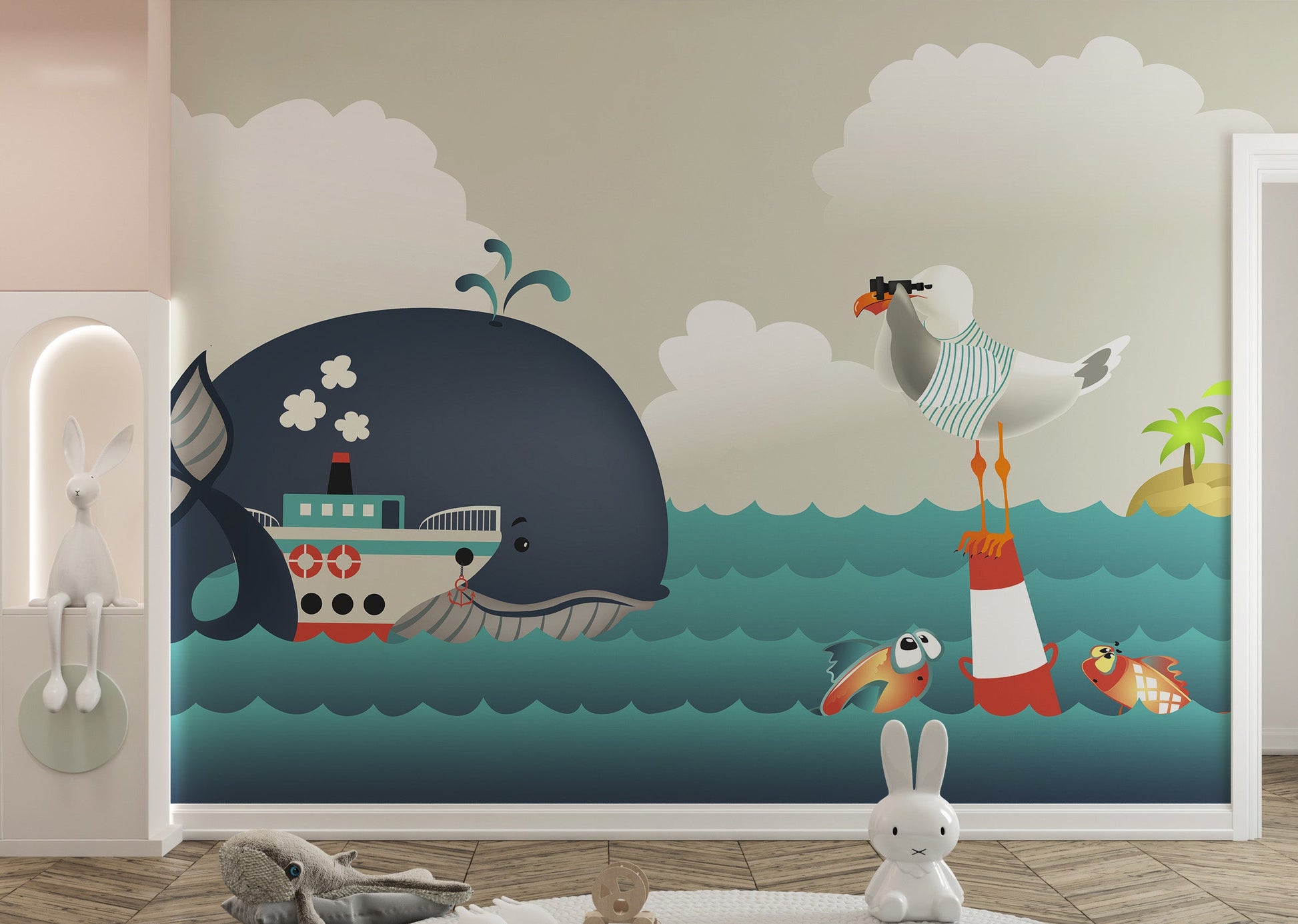 Whale & Steamer Kids wallpaper mural shown as a full feature wall that highlights the design