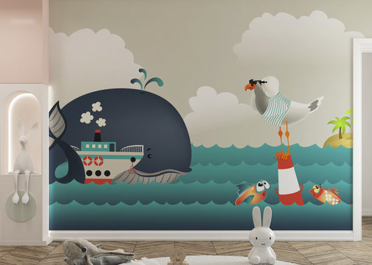 Whale & Steamer Kids wallpaper mural shown as a full feature wall that highlights the design