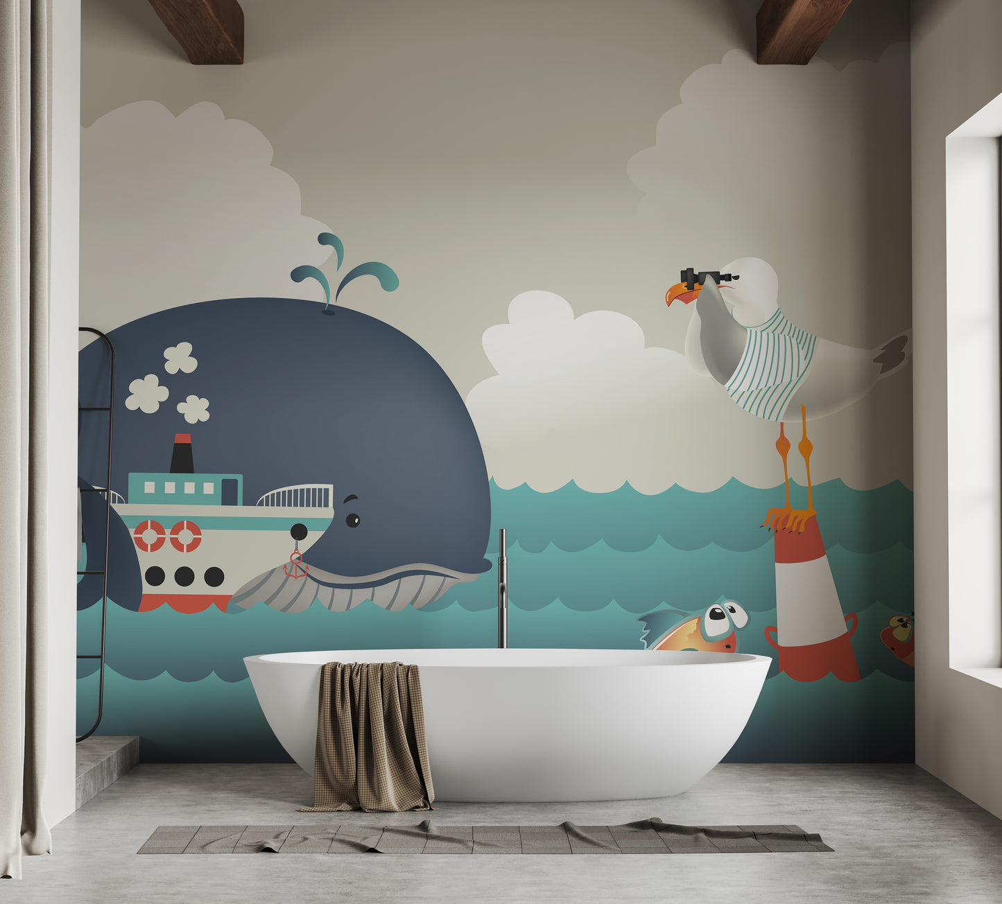 Whale & Steamer Kids wallpaper mural styled as a living room feature wall behind a sofa and seating in blue tones