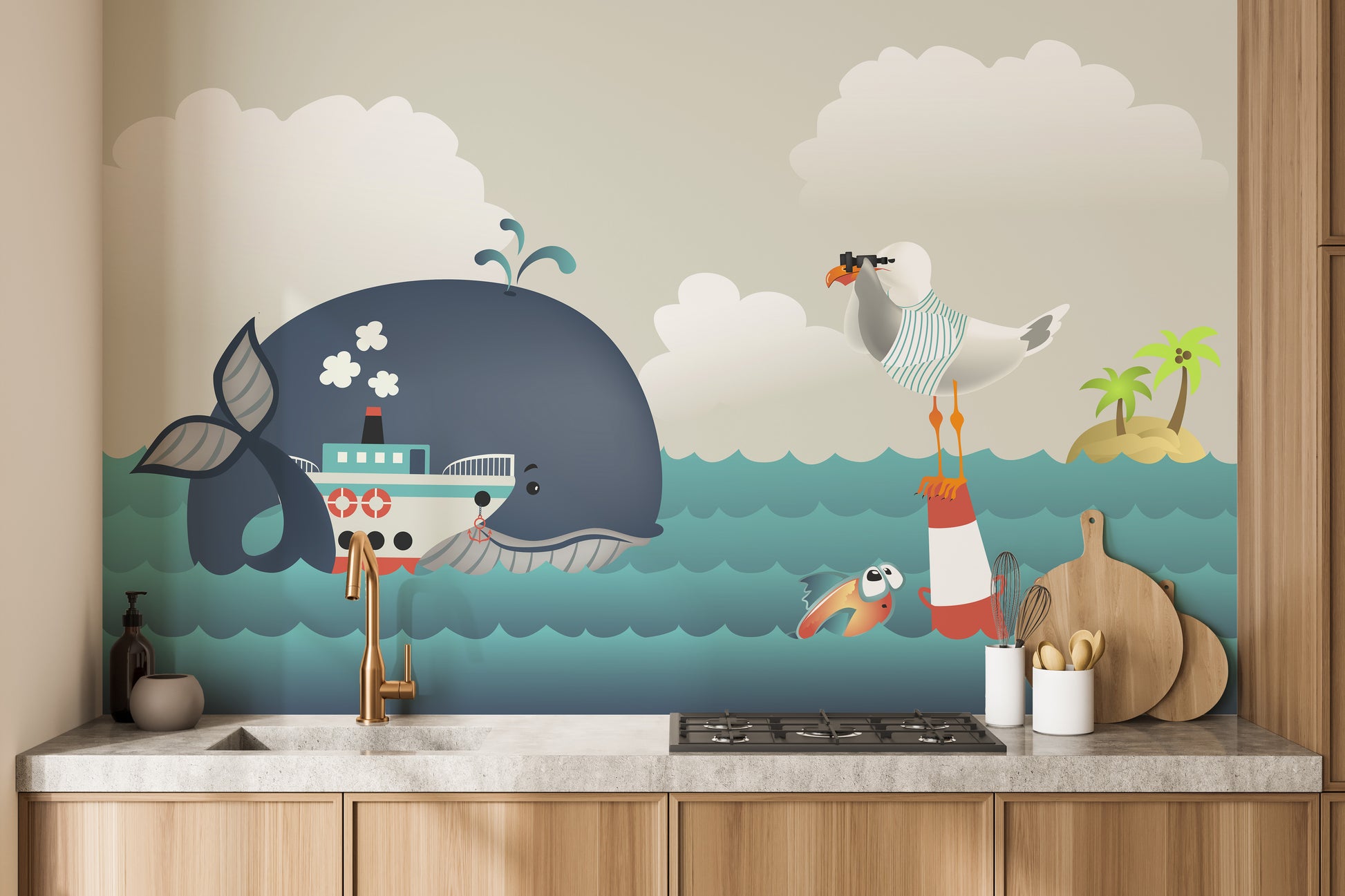 Whale & Steamer Kids wallpaper mural styled along a hallway feature wall near a console in blue tones