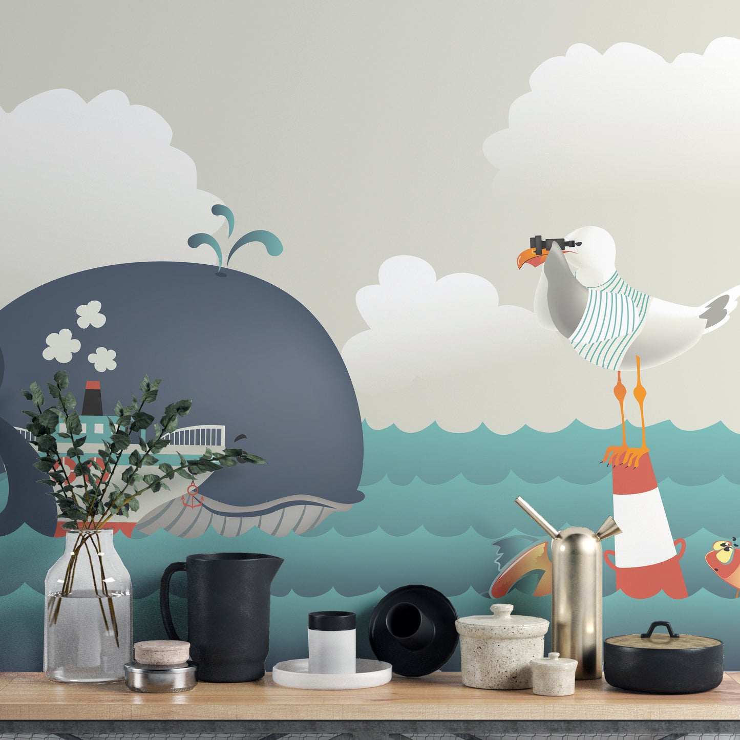 Whale & Steamer Kids wallpaper mural as a feature wall in a home office workspace in blue tones