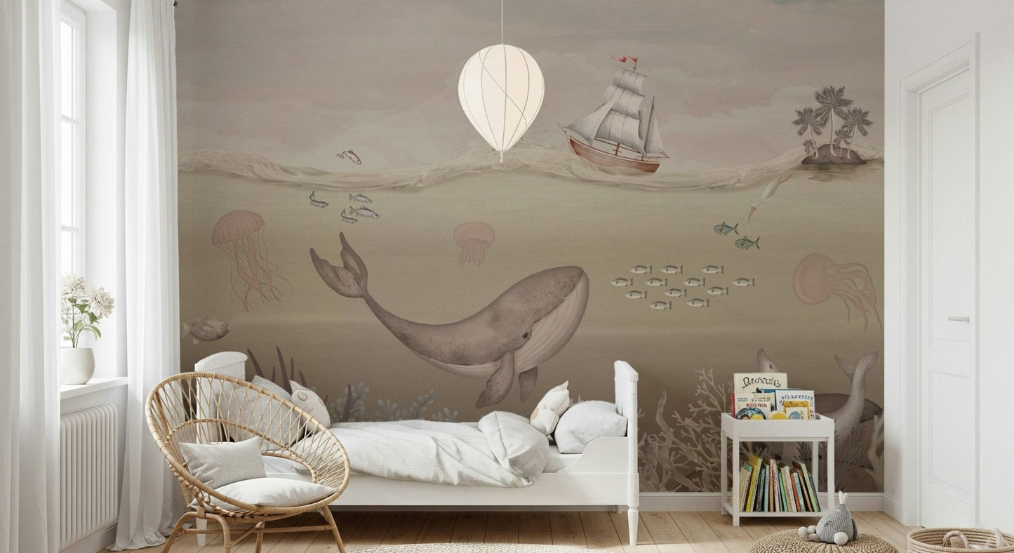 Whale wall mural for studio workspace, marine theme wall decor in cool blue color for a clean look