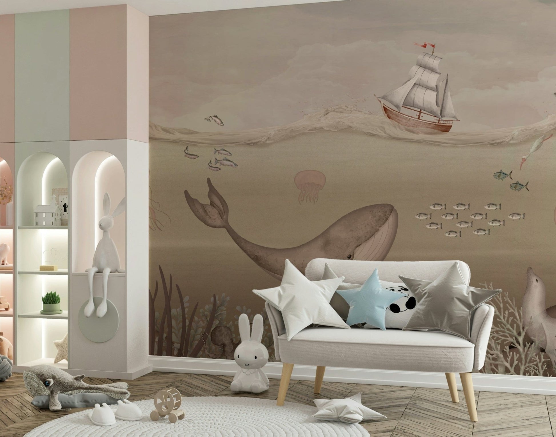 Coastal dining room wall mural with whale in deep sea setting, modern wall decor.