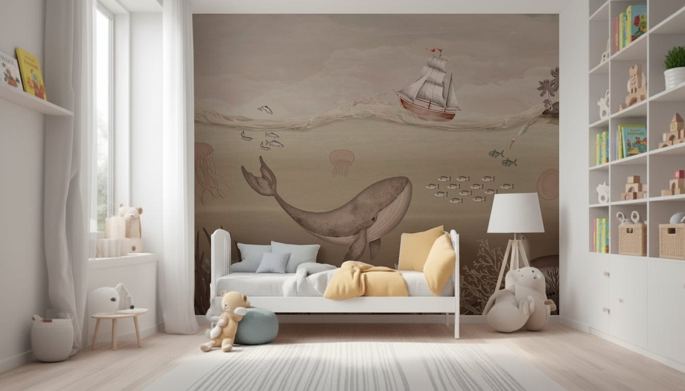 Whale wallpaper on hallway feature wall, ocean-inspired art with soft gradients, modern interior style