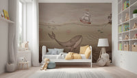 Whale wallpaper on hallway feature wall, ocean-inspired art with soft gradients, modern interior style