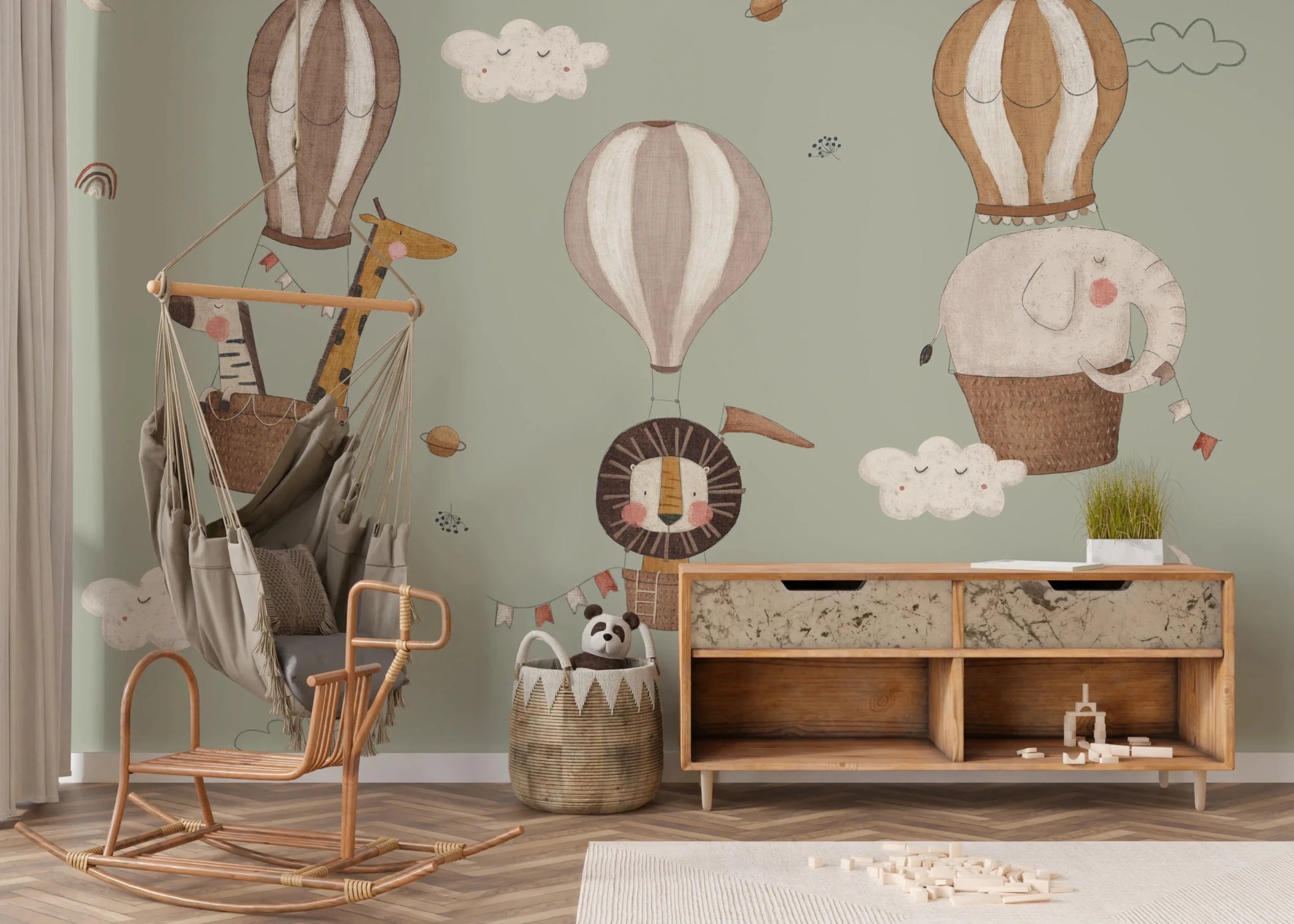 Whimsical Animal Balloon Ride Green Wall Mural