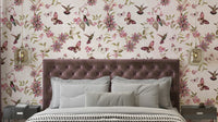 Whimsical Botanical Garden Wallpaper with birds and blooming flowers.

